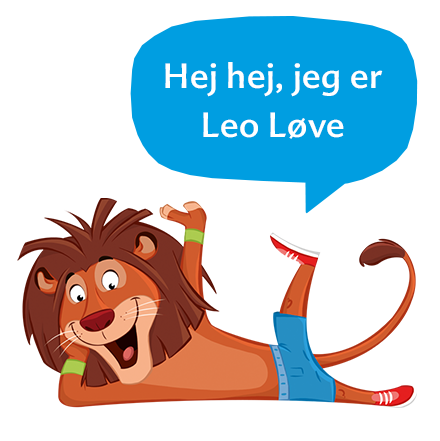 En løvefigur i fritidstøj præsenteres mod en blå baggrund med tekst.