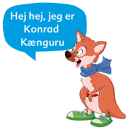 En kænguru med blåt tørklæde og grønne sko står ved siden af et blåt skilt med hvid tekst.