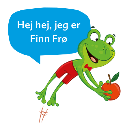 En frø, der holder et æble med en tekstboble, hvor der står "Hej hej, jeg er Finn Frø."