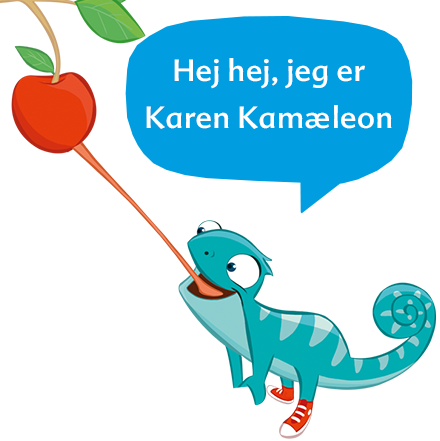 En kamæleon med en taleboble, der siger "Hej hej, jeg er Karen Kamaeleon", rækker ud efter et kirsebær.