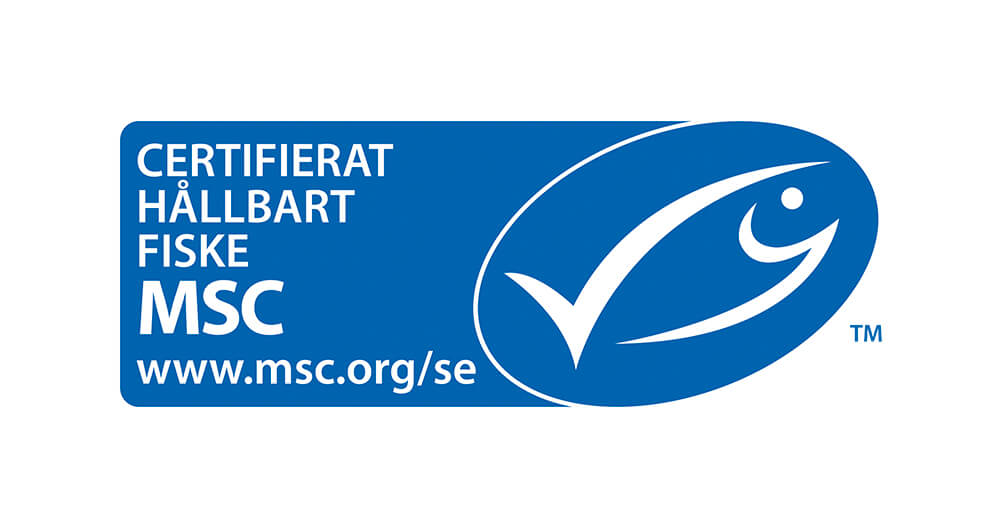 En blå rektangulär logotyp med vit text och en stiliserad fisksymbol, tillsammans med en webbadress.